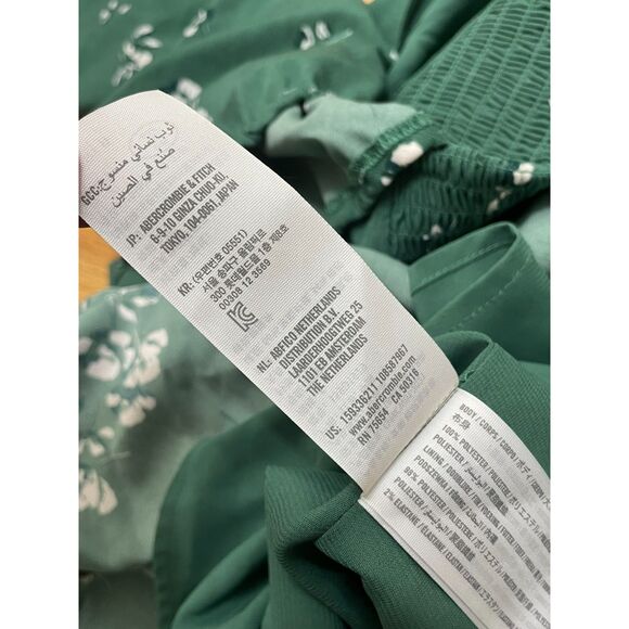 Abercrombie & Fitch Women's Dress Mini Boho Peasant Smock Ruched S Green Floral - Picture 3 of 9